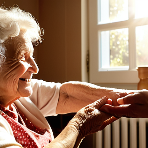 Home 11 A caregiver gently holding the hand of a senior with dementia, warm sunlight streaming through a window, creating a comforting and secure atmosphere. The senior is smiling slightly, eyes crinkled with a hint of recognition. Focus on empathy and non-verbal communication.
