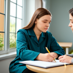A professional female caregiver, dressed in a modest uniform, sits attentively at a table, writing in a logbook. Her gaze is empathetic and focused on an elderly woman seated nearby, who is gently holding crayons, seemingly deep in thought. They are in a well-lit, serene common area of a modern care facility, with soft natural light filtering through a window. The background shows blurred, comfortable furniture and a few potted plants, creating a calm atmosphere. The scene conveys a sense of quiet observation, dedication, and compassionate care. Professional photography, high detail, perfect anatomy, correct proportions, natural pose, well-formed hands, proper finger count, natural body proportions, fully clothed, modest clothing, appropriate attire, professional dress, safe for work, appropriate content, family-friendly.