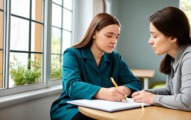 A professional female caregiver, dressed in a modest uniform, sits attentively at a table, writing in a logbook. Her gaze is empathetic and focused on an elderly woman seated nearby, who is gently holding crayons, seemingly deep in thought. They are in a well-lit, serene common area of a modern care facility, with soft natural light filtering through a window. The background shows blurred, comfortable furniture and a few potted plants, creating a calm atmosphere. The scene conveys a sense of quiet observation, dedication, and compassionate care. Professional photography, high detail, perfect anatomy, correct proportions, natural pose, well-formed hands, proper finger count, natural body proportions, fully clothed, modest clothing, appropriate attire, professional dress, safe for work, appropriate content, family-friendly.