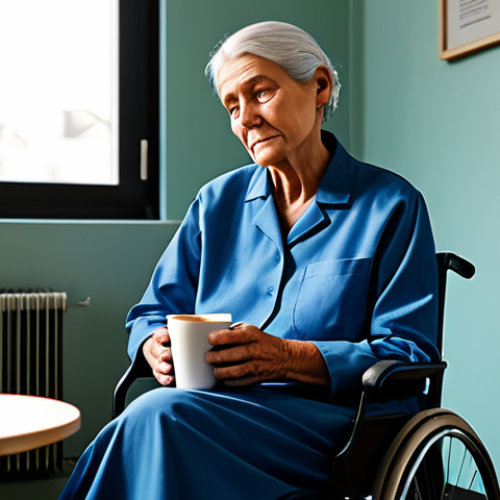 Home 10 The Exhausted Caregiver**
Prompt: A fully clothed, professional female dementia caregiver in modest attire, sitting wearily on a break in a quiet corner of a care facility, holding a cup of coffee, safe for work, appropriate content, perfect anatomy, natural proportions, realistic rendering, high quality.
**